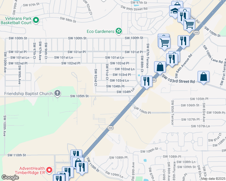 map of restaurants, bars, coffee shops, grocery stores, and more near 9095 Southwest 104th Place in Ocala