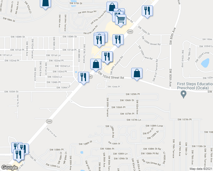 map of restaurants, bars, coffee shops, grocery stores, and more near 10405 Southwest 85th Court in Ocala