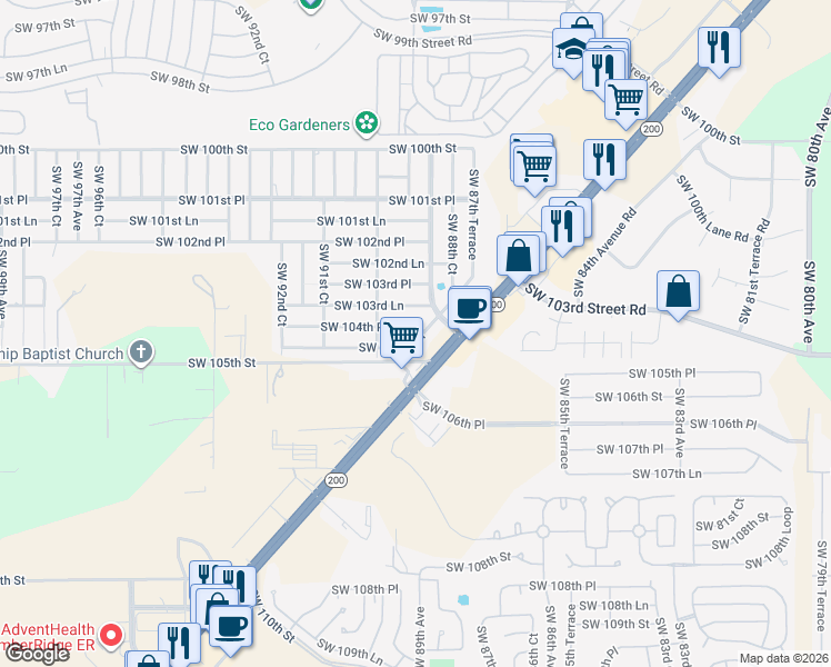 map of restaurants, bars, coffee shops, grocery stores, and more near 8917 Southwest 104th Place in Ocala