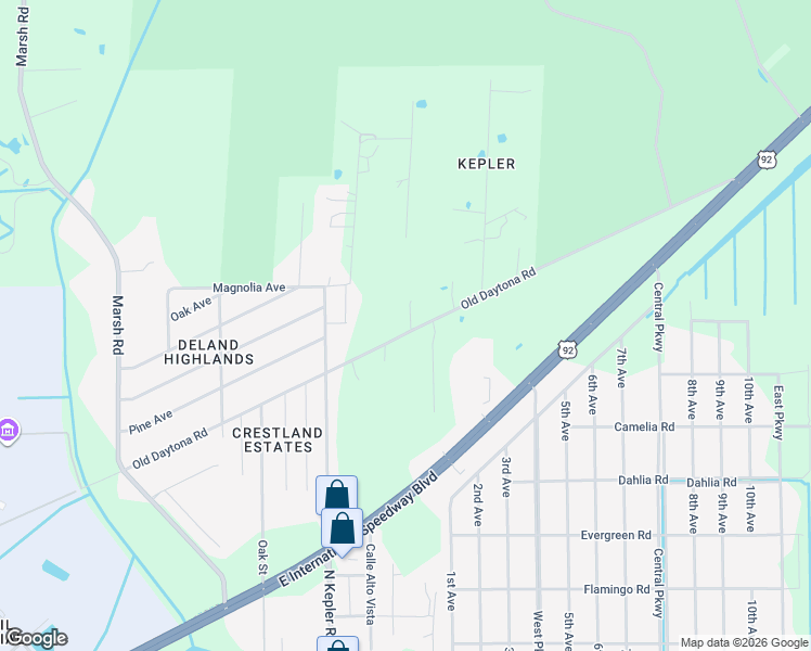 map of restaurants, bars, coffee shops, grocery stores, and more near 1881 Old Daytona Road in DeLand