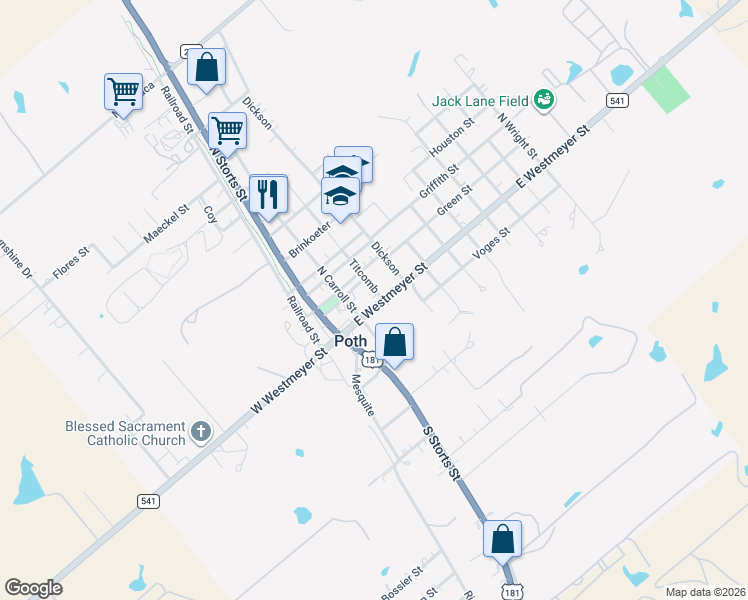 map of restaurants, bars, coffee shops, grocery stores, and more near 100 Titcomb in Poth