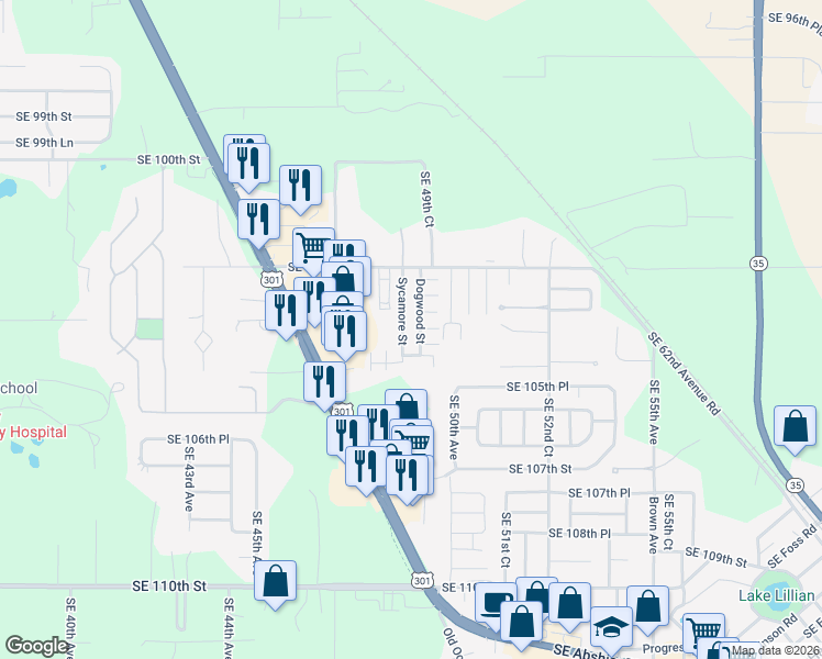 map of restaurants, bars, coffee shops, grocery stores, and more near 90 Dogwood Street in Belleview