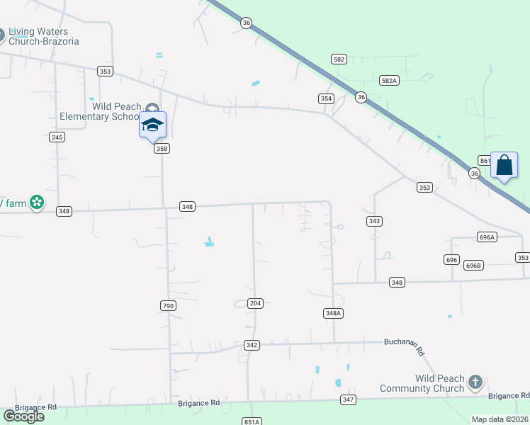 map of restaurants, bars, coffee shops, grocery stores, and more near 2653 County Road 348 in Brazoria