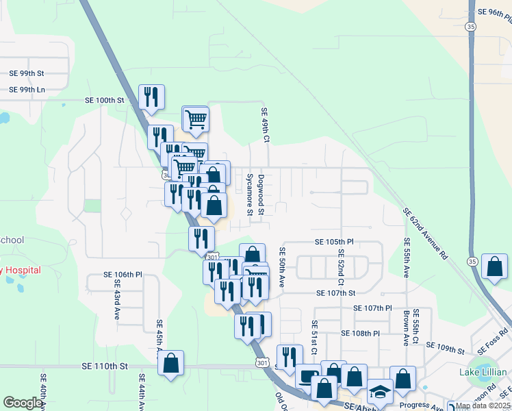 map of restaurants, bars, coffee shops, grocery stores, and more near 90 Dogwood Street in Belleview