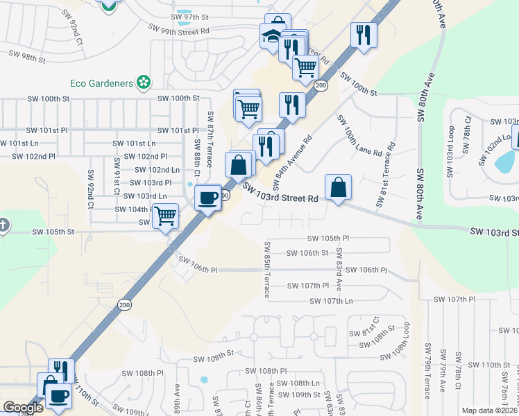 map of restaurants, bars, coffee shops, grocery stores, and more near 10405 Southwest 85th Court in Ocala