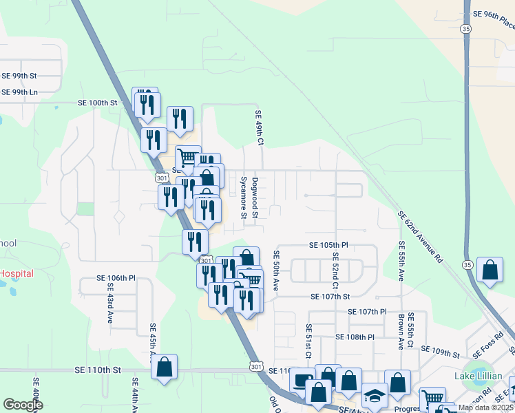 map of restaurants, bars, coffee shops, grocery stores, and more near 90 Dogwood Street in Belleview