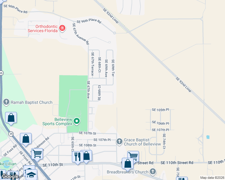 map of restaurants, bars, coffee shops, grocery stores, and more near 6961 Southeast 104th Street in Belleview