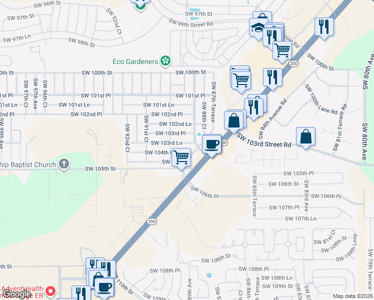 map of restaurants, bars, coffee shops, grocery stores, and more near 8917 Southwest 104th Place in Ocala