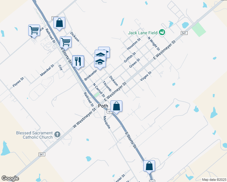 map of restaurants, bars, coffee shops, grocery stores, and more near 100 Titcomb in Poth