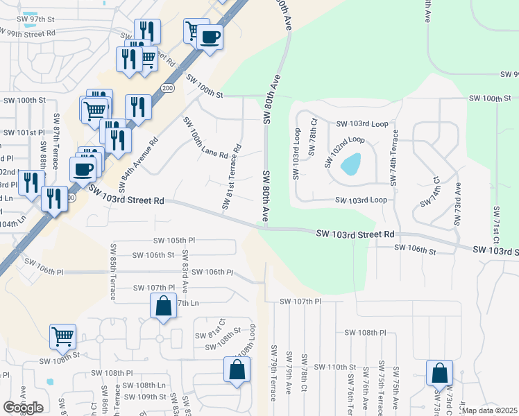 map of restaurants, bars, coffee shops, grocery stores, and more near 8020 Southwest 103rd Lane in Ocala