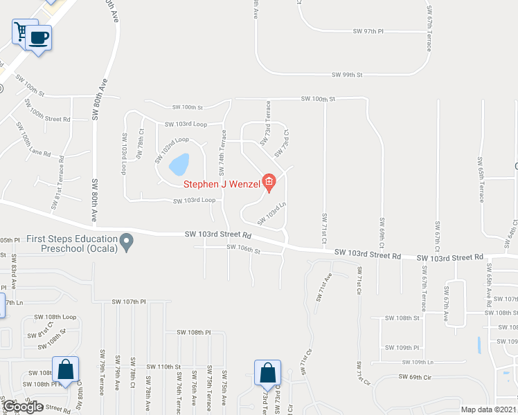 map of restaurants, bars, coffee shops, grocery stores, and more near 10371 Southwest 74th Court in Ocala