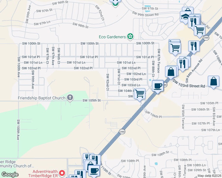 map of restaurants, bars, coffee shops, grocery stores, and more near 9195 Southwest 104th Place in Ocala