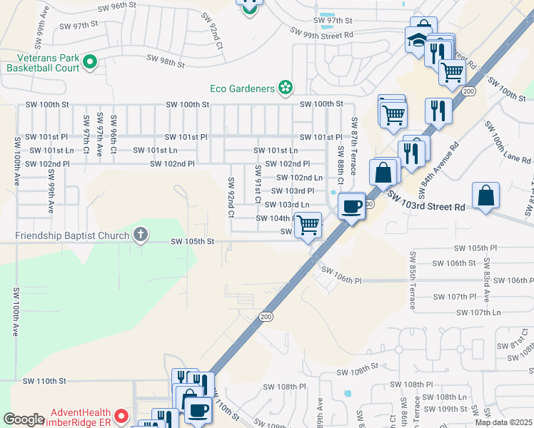 map of restaurants, bars, coffee shops, grocery stores, and more near 9095 Southwest 104th Place in Ocala