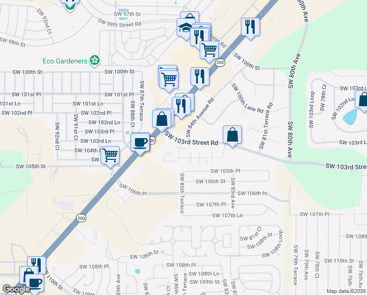 map of restaurants, bars, coffee shops, grocery stores, and more near 10405 Southwest 85th Court in Ocala