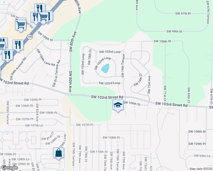 map of restaurants, bars, coffee shops, grocery stores, and more near 7580 Southwest 103rd Loop in Ocala