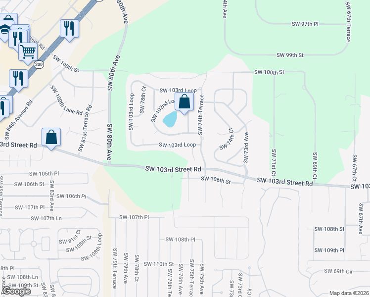 map of restaurants, bars, coffee shops, grocery stores, and more near 10419 Southwest 75th Terrace in Ocala