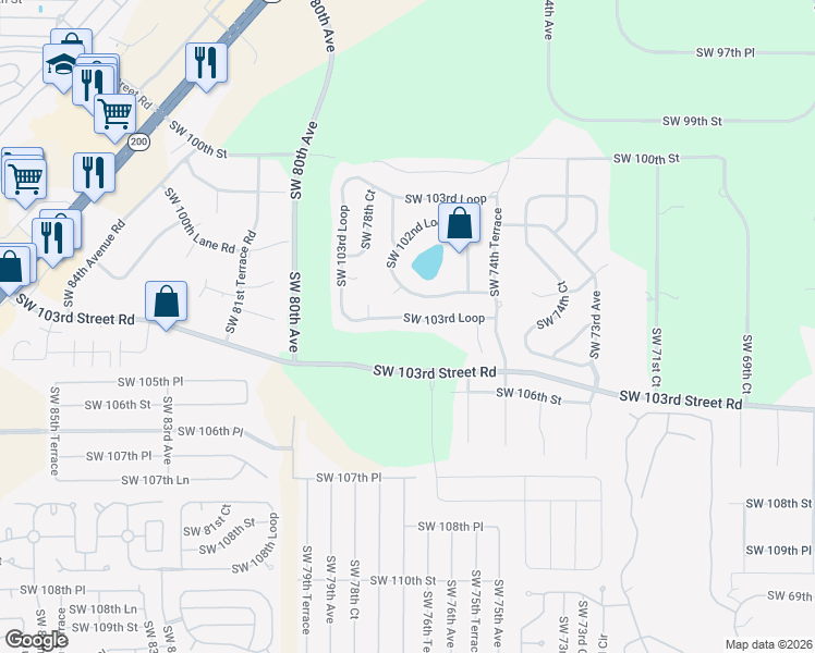 map of restaurants, bars, coffee shops, grocery stores, and more near 7612 Southwest 103rd Loop in Ocala