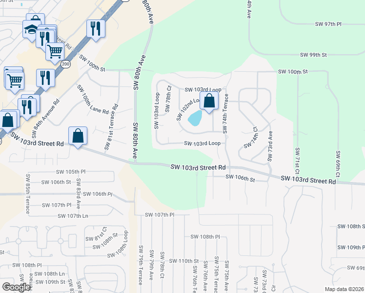 map of restaurants, bars, coffee shops, grocery stores, and more near 7612 Southwest 103rd Loop in Ocala