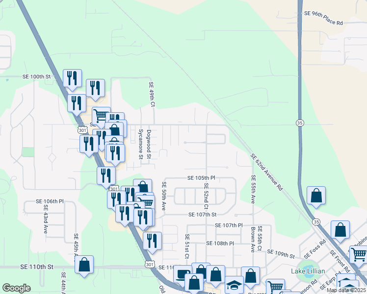map of restaurants, bars, coffee shops, grocery stores, and more near 5150 Southeast 103rd Lane in Belleview