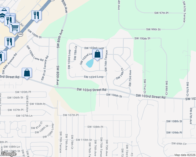 map of restaurants, bars, coffee shops, grocery stores, and more near 10419 Southwest 75th Terrace in Ocala