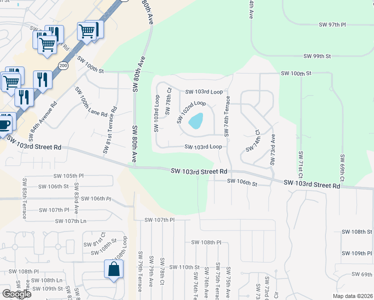 map of restaurants, bars, coffee shops, grocery stores, and more near 7612 Southwest 103rd Loop in Ocala