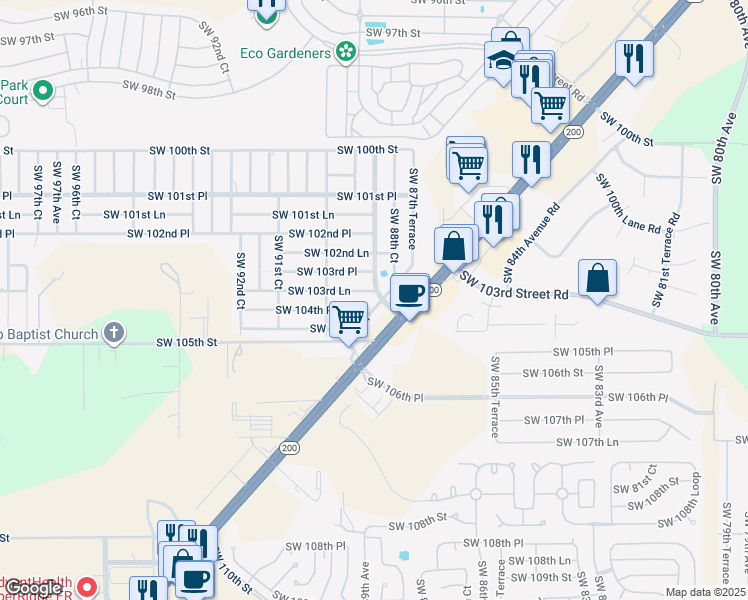 map of restaurants, bars, coffee shops, grocery stores, and more near 10388 Southwest 88th Terrace in Ocala