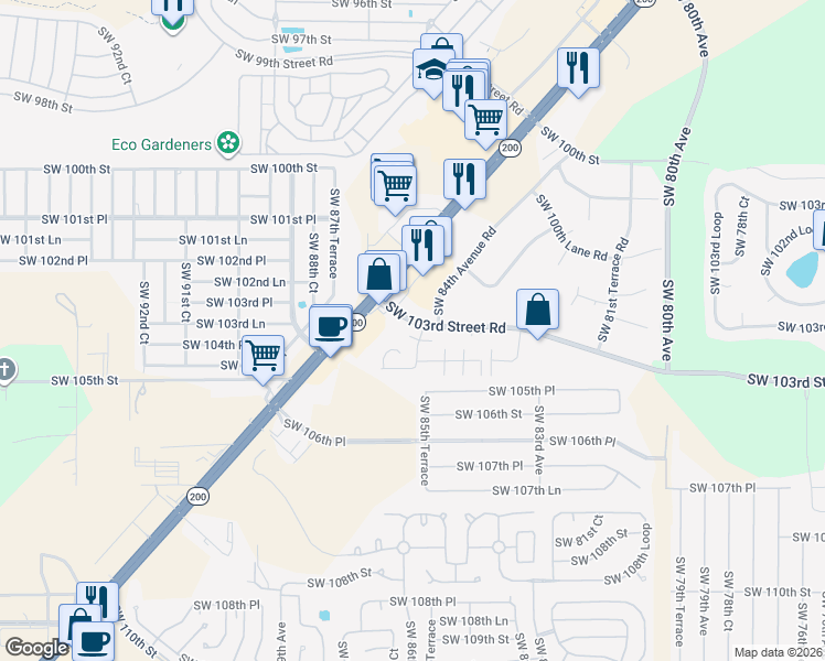 map of restaurants, bars, coffee shops, grocery stores, and more near 10405 Southwest 85th Court in Ocala