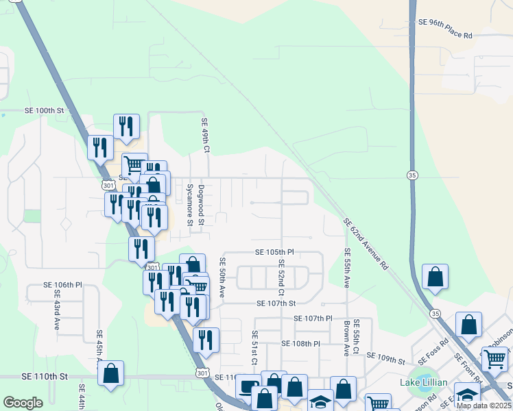 map of restaurants, bars, coffee shops, grocery stores, and more near 5150 Southeast 103rd Lane in Belleview