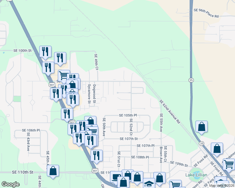 map of restaurants, bars, coffee shops, grocery stores, and more near 5150 Southeast 103rd Lane in Belleview