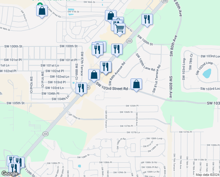 map of restaurants, bars, coffee shops, grocery stores, and more near 8485 Southwest 103rd Street Road in Ocala