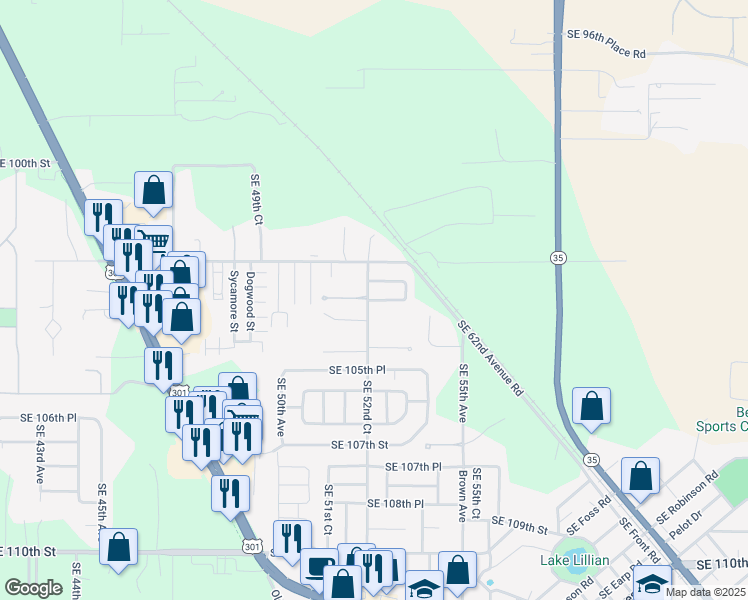 map of restaurants, bars, coffee shops, grocery stores, and more near 10365 Southeast 52nd Court in Belleview