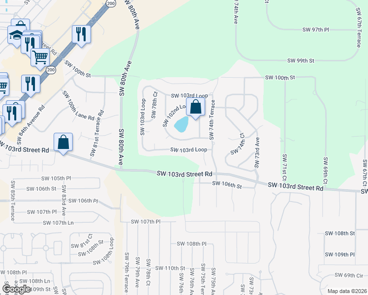 map of restaurants, bars, coffee shops, grocery stores, and more near 7580 Southwest 103rd Loop in Ocala