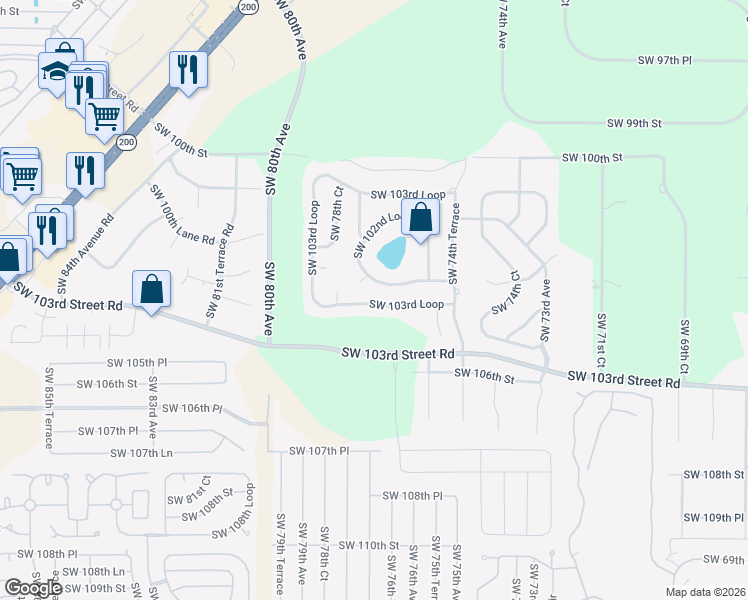 map of restaurants, bars, coffee shops, grocery stores, and more near 7612 Southwest 103rd Loop in Ocala