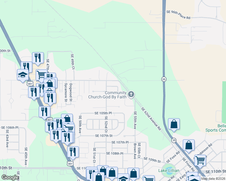 map of restaurants, bars, coffee shops, grocery stores, and more near 5350 Southeast 103rd Lane in Belleview