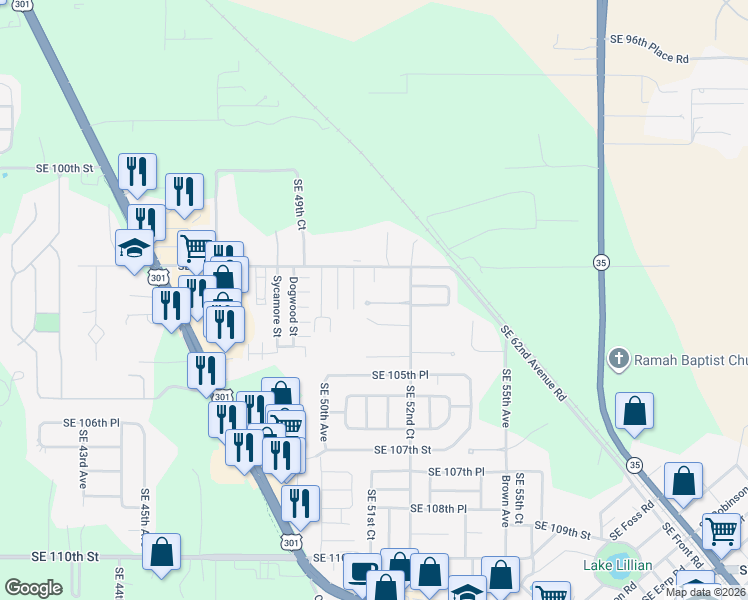 map of restaurants, bars, coffee shops, grocery stores, and more near 5150 Southeast 103rd Lane in Belleview
