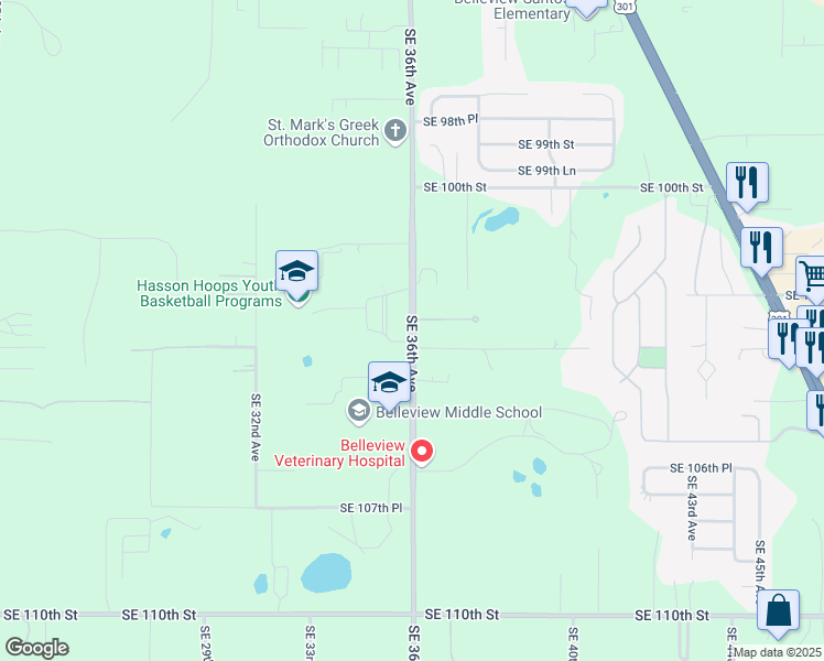 map of restaurants, bars, coffee shops, grocery stores, and more near 10400 Southeast 36th Avenue in Belleview