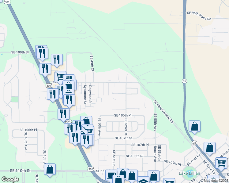 map of restaurants, bars, coffee shops, grocery stores, and more near 5124 Southeast 102nd Place in Belleview
