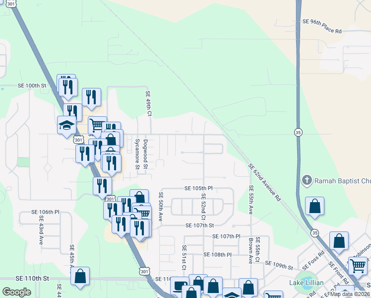 map of restaurants, bars, coffee shops, grocery stores, and more near 5124 Southeast 102nd Place in Belleview