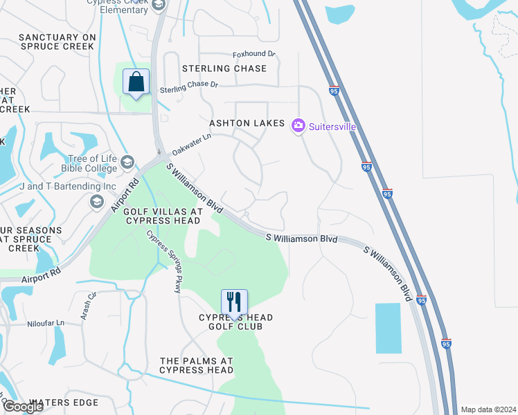 map of restaurants, bars, coffee shops, grocery stores, and more near 721 Oakwater Lane in Port Orange