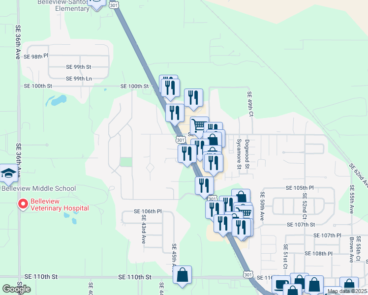 map of restaurants, bars, coffee shops, grocery stores, and more near 10360 Florida 25 in Belleview