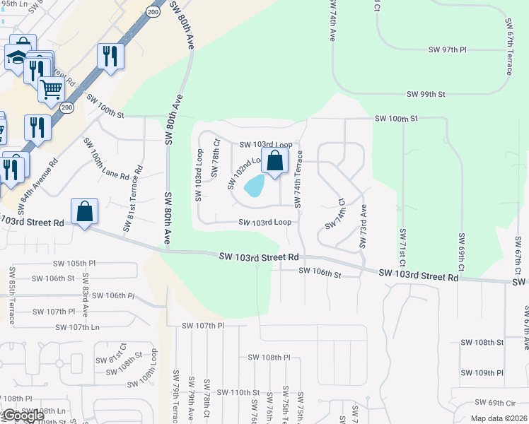 map of restaurants, bars, coffee shops, grocery stores, and more near 7552 Southwest 102nd Loop in Ocala