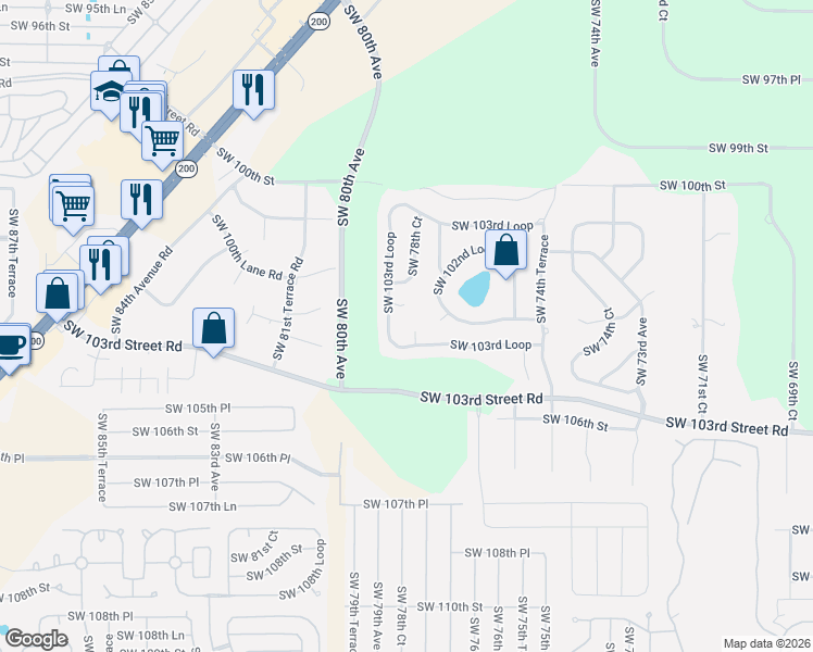 map of restaurants, bars, coffee shops, grocery stores, and more near 7649 Southwest 103rd Loop in Ocala