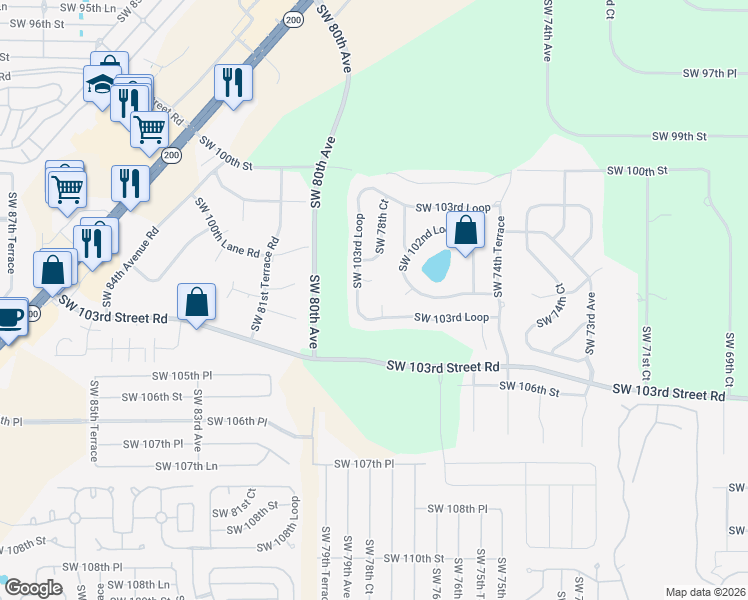 map of restaurants, bars, coffee shops, grocery stores, and more near 7649 Southwest 103rd Loop in Ocala
