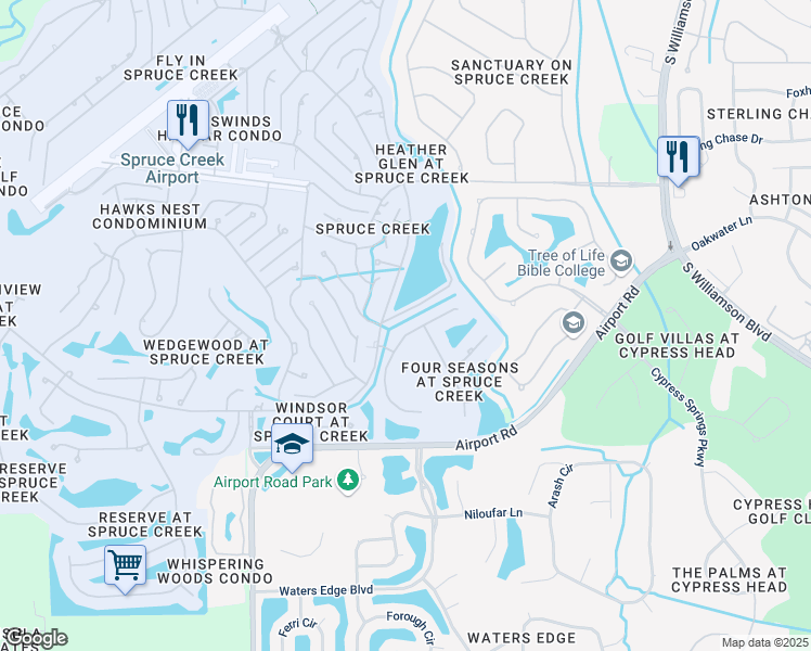 map of restaurants, bars, coffee shops, grocery stores, and more near 2721 Spruce Creek Boulevard in Port Orange