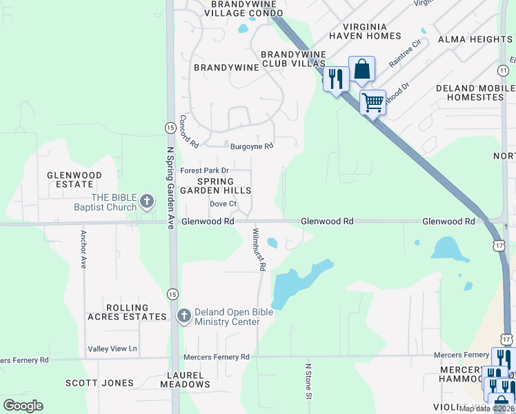 map of restaurants, bars, coffee shops, grocery stores, and more near 2520 Emerald Forest Road in DeLand