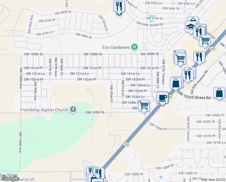 map of restaurants, bars, coffee shops, grocery stores, and more near 10300 Southwest 92nd Avenue in Ocala