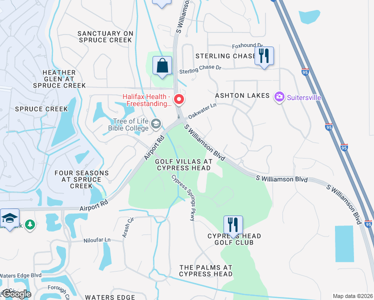 map of restaurants, bars, coffee shops, grocery stores, and more near 44 Golf Villa Drive in Port Orange