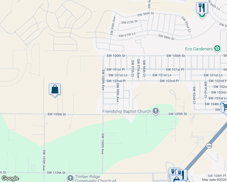 map of restaurants, bars, coffee shops, grocery stores, and more near 9921 Southwest 103rd Place in Ocala