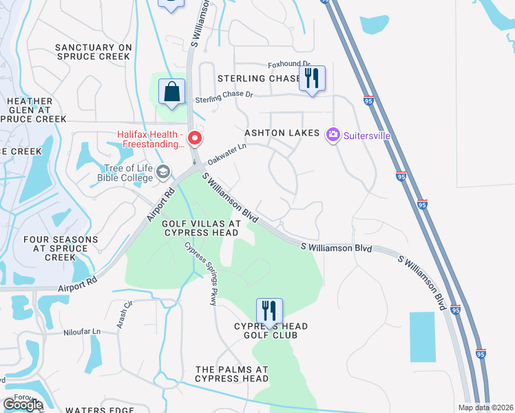 map of restaurants, bars, coffee shops, grocery stores, and more near 6315 South Williamson Boulevard in Port Orange