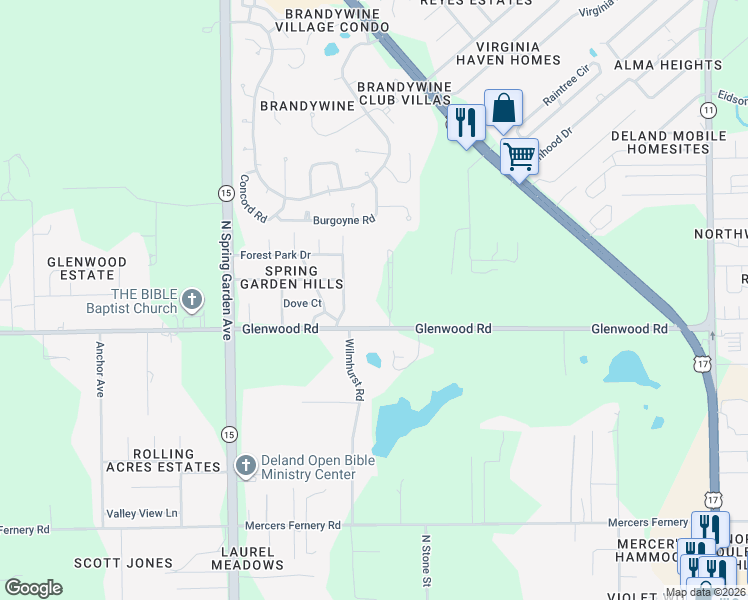 map of restaurants, bars, coffee shops, grocery stores, and more near 2520 Emerald Forest Road in DeLand